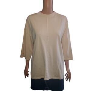 LYRA Modest Size S Relaxed 100% Cotton Ivory Long Sleeved T-Shirt Minimalist